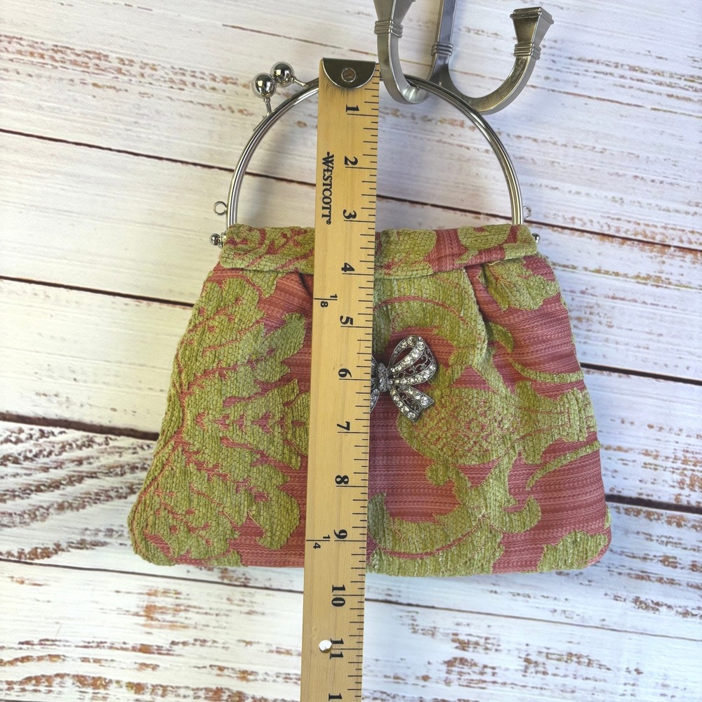 Vintage Kiss-Lock Purse S Pink Green Chenille Damask Rhinestone Bow Coquette Bag - Picture 3 of 13